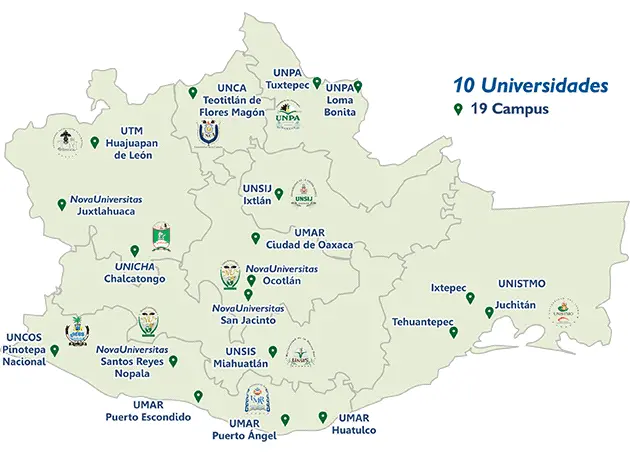 Mapa de las universidades pertenecientes al SUNEO (Sistema de Universidades Estatales de Oaxaca)