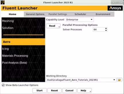 Fluent Aero está disponible dentro de Fluent Launcher con una licencia Enterprise
